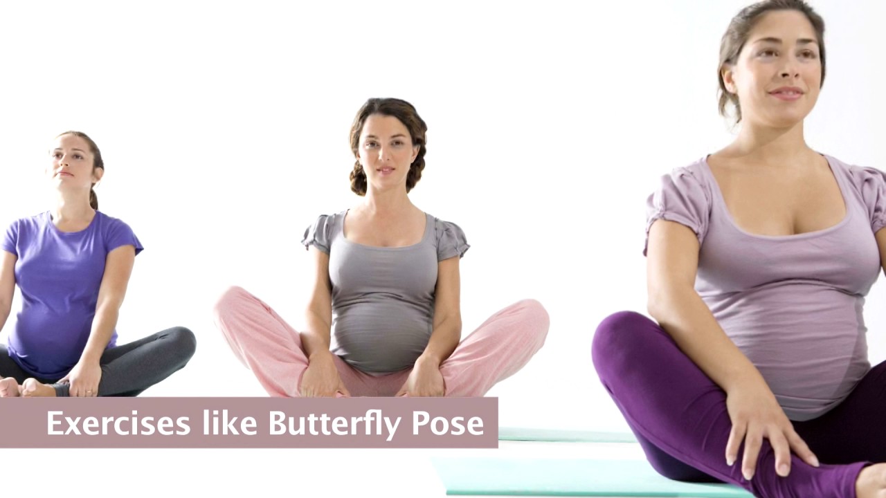 Pregnant women practising butterfly pose, a prenatal exercise shown in Prepare for Normal Delivery